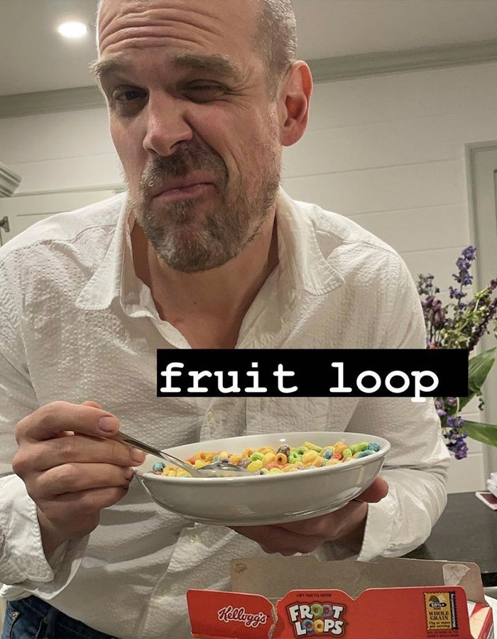 Man in white shirt holding bowl of colorful cereal with text overlay including main SEO keywords Lily Allen and David Harbour claims Man in white shirt holding bowl of colorful cereal with text overlay including main SEO keywords Lily Allen and David Harbour claims