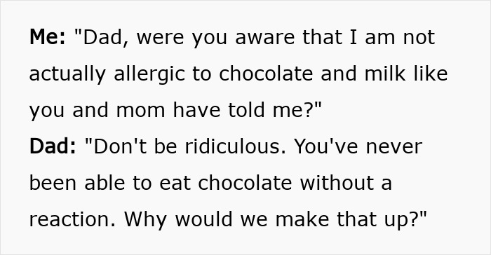 Text message exchange showing a daughter confronting dad about parents lying about food allergies causing no contact.