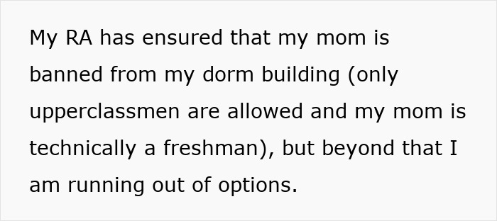 Text about a student dealing with parents who lied about food allergies causing no contact and restrictions in dormitory access.