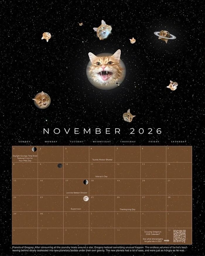November 2026 cosmic calendar featuring rescue cat faces as planets by astrophotographer in feline space theme.