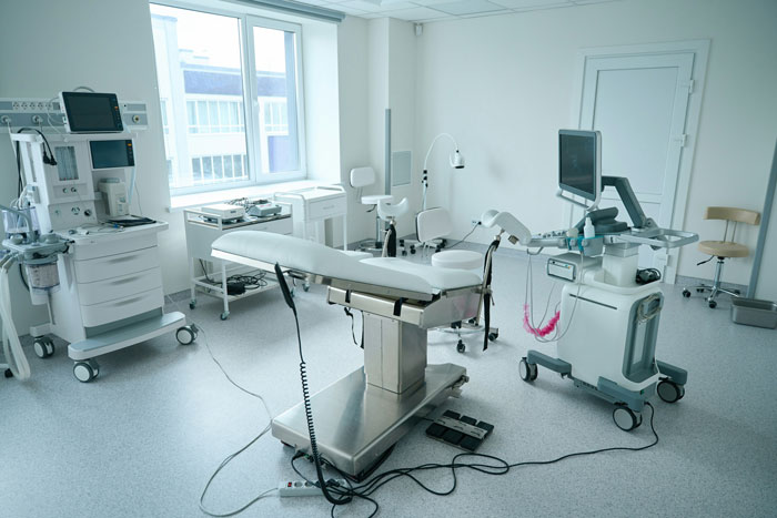Medical examination room with equipment and an empty examination table related to doctor autopsy investigation scenario Medical examination room with equipment and an empty examination table related to doctor autopsy investigation scenario