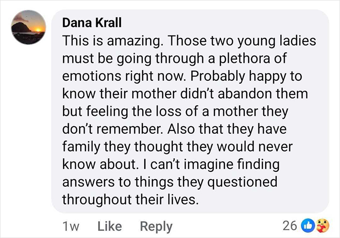 Comment expressing amazement about sisters experiencing complex emotions after being discovered alive 36 years after reported missing. Comment expressing amazement about sisters experiencing complex emotions after being discovered alive 36 years after reported missing.