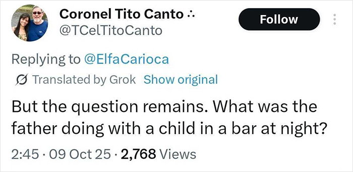 Tweet questioning a father's presence with a child at night, sparking debate on children coming first and protective actions. Tweet questioning a father's presence with a child at night, sparking debate on children coming first and protective actions.