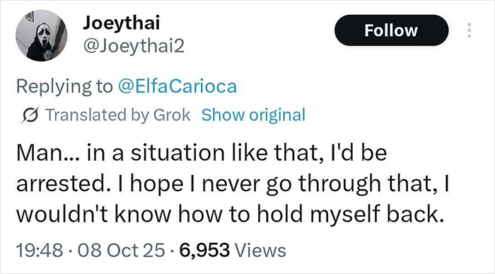 Tweet from user Joeythai reacting to viral debate about man defending children after woman threw chair at a kid. Tweet from user Joeythai reacting to viral debate about man defending children after woman threw chair at a kid.