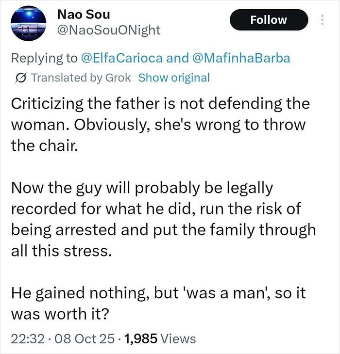 Tweet discussing viral debate about man defending kid after woman threw chair, highlighting children come first in conflict. Tweet discussing viral debate about man defending kid after woman threw chair, highlighting children come first in conflict.