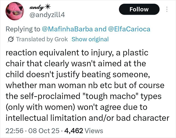 Tweet discussing viral debate on man punching woman after chair thrown at a kid, focusing on children come first and self-defense. Tweet discussing viral debate on man punching woman after chair thrown at a kid, focusing on children come first and self-defense.