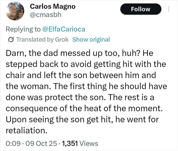 Screenshot of a Twitter reply debating a man’s actions after a woman threw a chair at a kid, focusing on children first. Screenshot of a Twitter reply debating a man’s actions after a woman threw a chair at a kid, focusing on children first.
