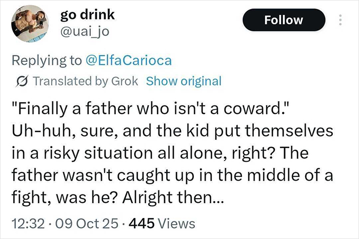 Screenshot of a Twitter reply discussing a father's protective actions in a viral debate about children coming first. Screenshot of a Twitter reply discussing a father's protective actions in a viral debate about children coming first.