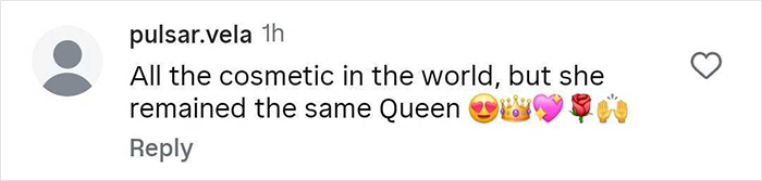 Instagram comment praising a celebrity as a queen with heart and crown emojis in response to a viral makeup tutorial video. Instagram comment praising a celebrity as a queen with heart and crown emojis in response to a viral makeup tutorial video.