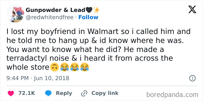 Funny People of Walmart story where a boyfriend makes a terradactyl noise to be found across the store.