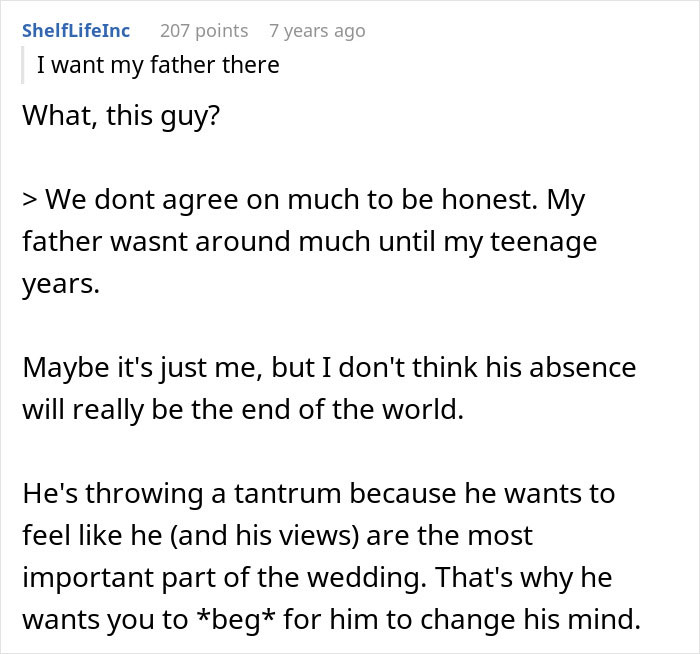 Screenshot of an online comment discussing a bride&rsquo;s father refusing to attend wedding not on American soil.