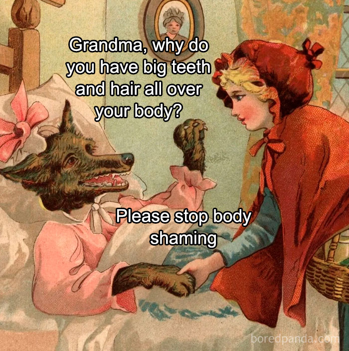 Old painting humor with modern captions showing Little Red Riding Hood and the wolf discussing body shaming in a comedic style.