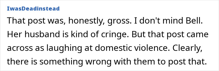 Screenshot of a social media comment criticizing Kristen Bell and Dax Shepard's toxic marriage and blackout fights. Screenshot of a social media comment criticizing Kristen Bell and Dax Shepard's toxic marriage and blackout fights.
