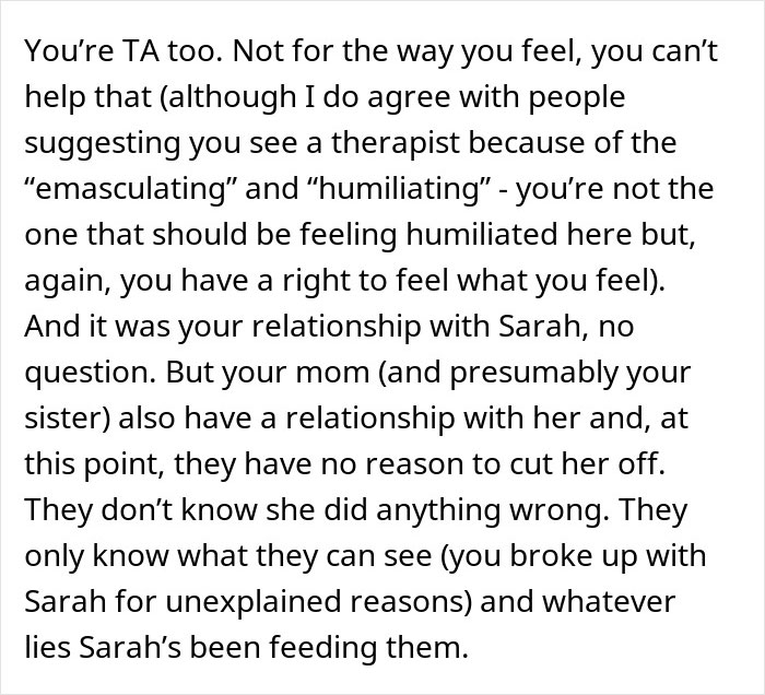 Text excerpt discussing a guy's mom trying to reconcile him and his ex-fiancé, causing tension and emotional conflict. Text excerpt discussing a guy's mom trying to reconcile him and his ex-fiancé, causing tension and emotional conflict.