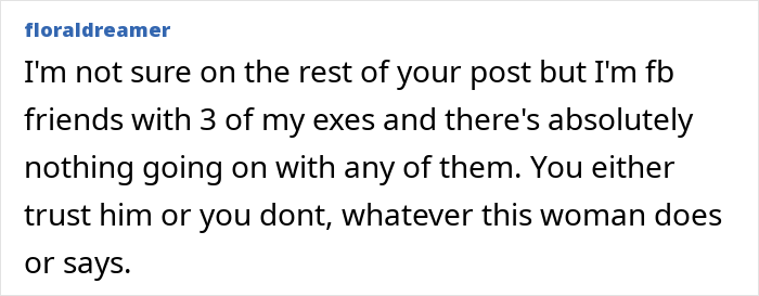 Comment discussing trust issues in relationships and insecurities about boyfriend's attention to newly-single ex.