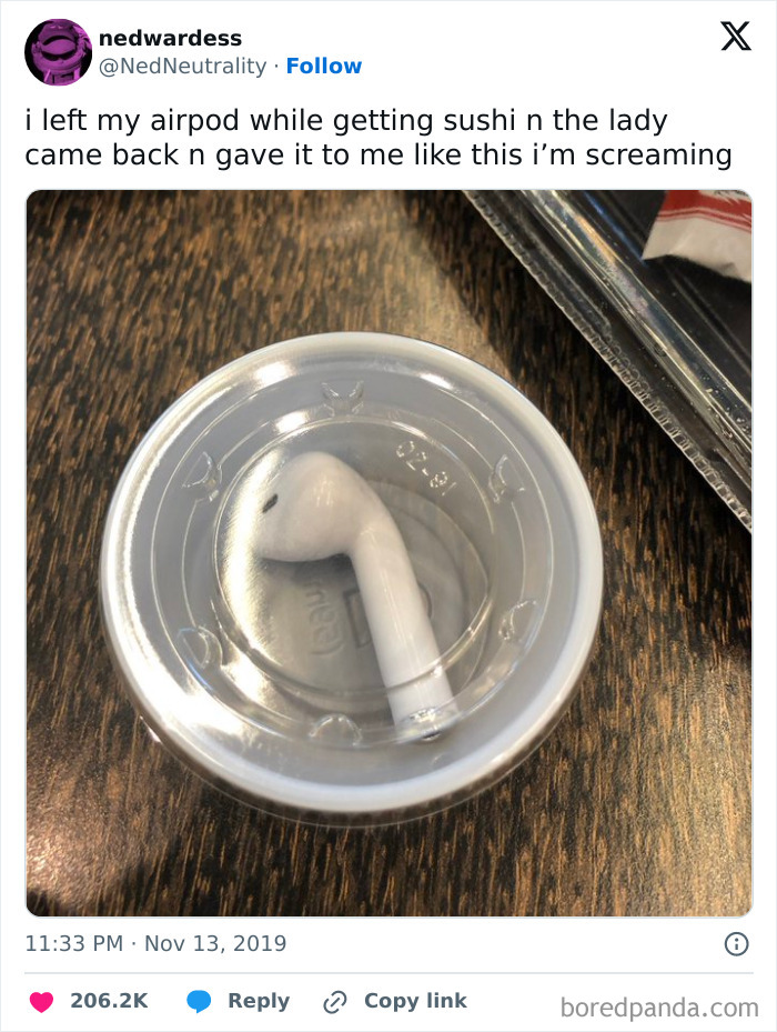 Single AirPod placed inside a small sauce container as a kind gesture restoring faith in humanity.