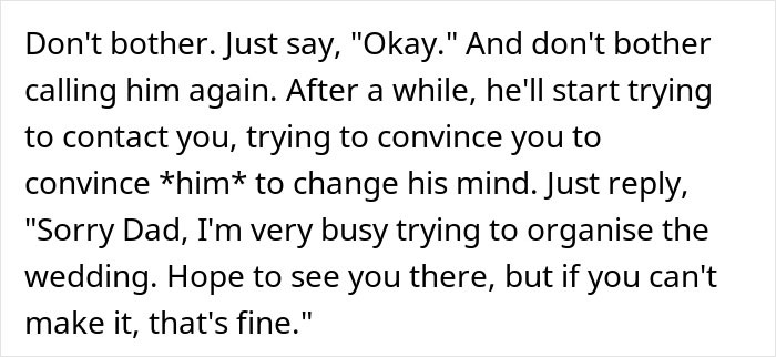 Text excerpt about bride&rsquo;s father refusing to attend wedding as it&rsquo;s not on American soil, discussing communication advice.