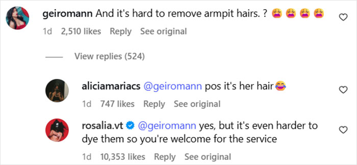 Instagram comments discussing the difficulty of removing and dyeing armpit hair after a pop star’s Paris Fashion Week appearance. Instagram comments discussing the difficulty of removing and dyeing armpit hair after a pop star’s Paris Fashion Week appearance.
