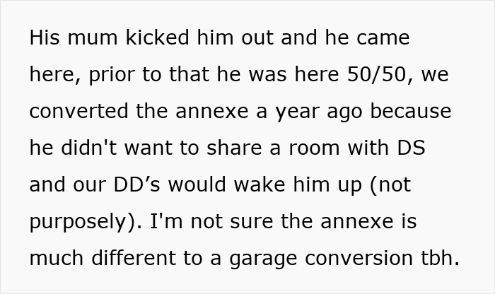 Text explaining family relationship and living arrangement involving an annexe converted for privacy and comfort.