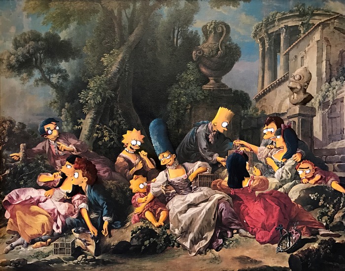 Classical painting with cartoon-style characters added, blending traditional art with humorous meme captions.