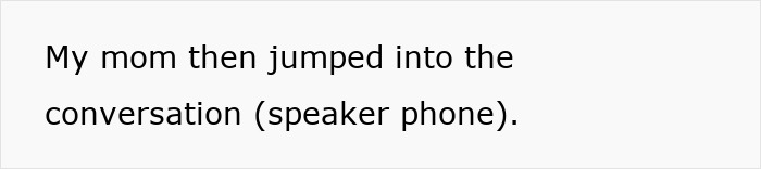 Text on a white background showing a message about a mom joining a conversation via speaker phone, related to parents lied food allergies.