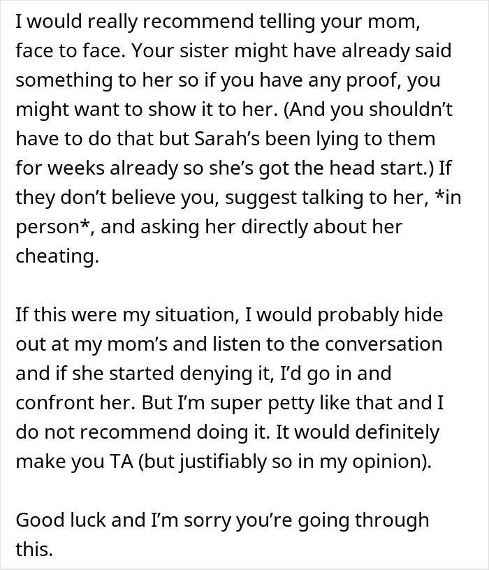 Text excerpt discussing confronting a mom about cheating, with advice on face-to-face talk and listening to conversations. Text excerpt discussing confronting a mom about cheating, with advice on face-to-face talk and listening to conversations.