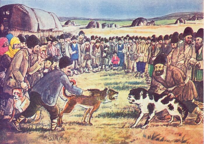 Crowd watching a dangerous historical sport featuring aggressive dogs in a rural outdoor setting.