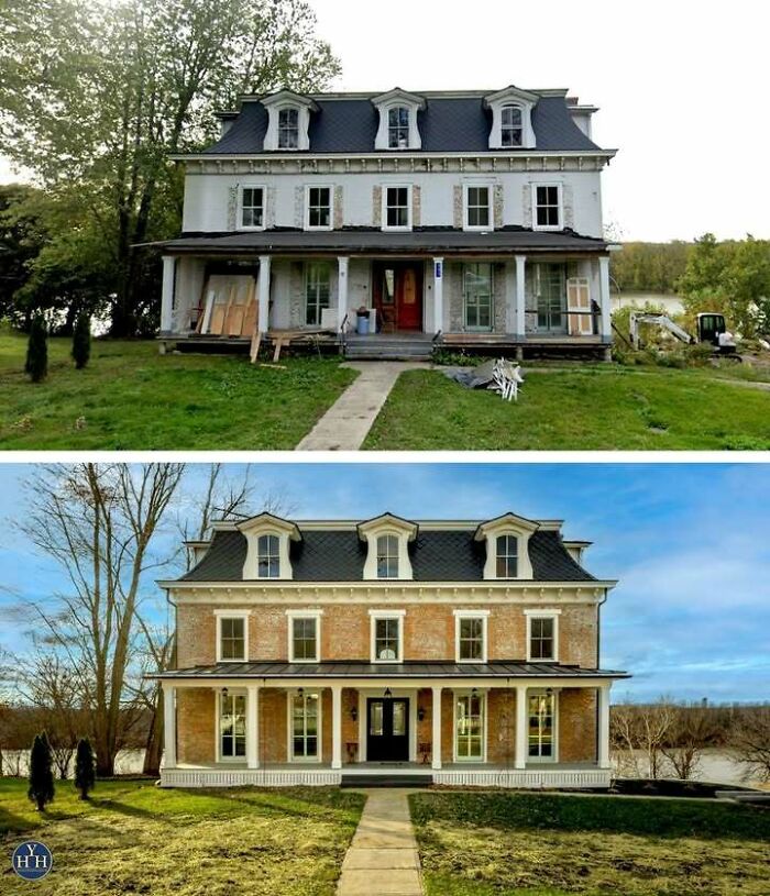 Historic house restoration before and after showing renovated facade and landscaping near a river.