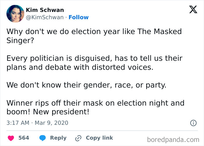 Tweet suggesting election year should be like The Masked Singer with disguised politicians and distorted voices humorously.