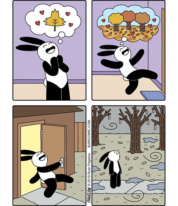 Buni comic strip showing a rabbit happily dreaming about fall leaves then facing a dark, windy autumn scene.