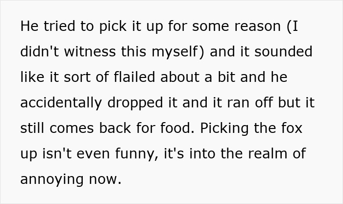 Text excerpt discussing a man picking up a fox that runs off but returns for food in a pet fox and cat flap context.