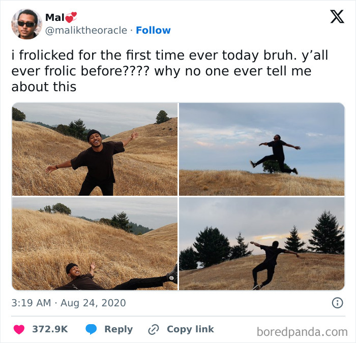 Tweet about frolicking for the first time shown with joyful person enjoying simple living in open grassy field.