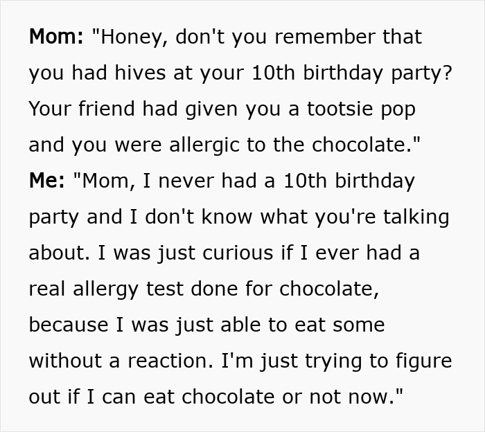Conversation text showing parents lied about food allergies, leading to confusion and no contact with daughter.
