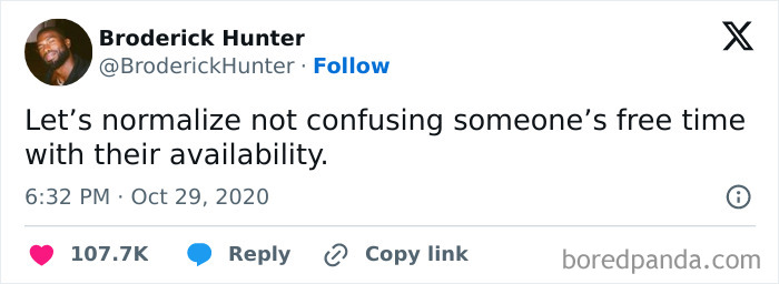 Text post about normalizing not confusing free time with availability, a relatable meme to help cope with anxiety.