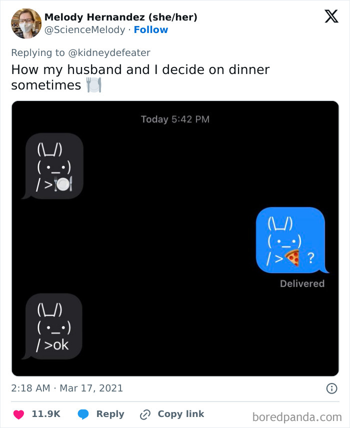 Text message meme showing a humorous conversation about deciding dinner with relatable relationship emojis.