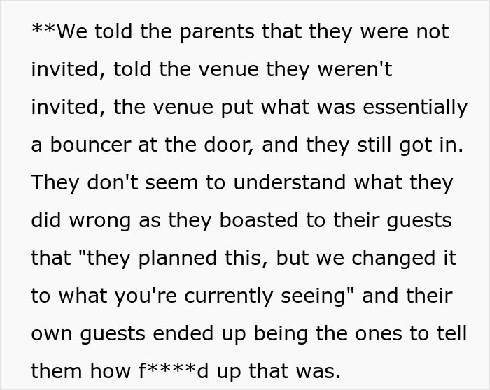 Text excerpt describing a couple discovering their wedding was sabotaged by parents despite security efforts days before the ceremony.