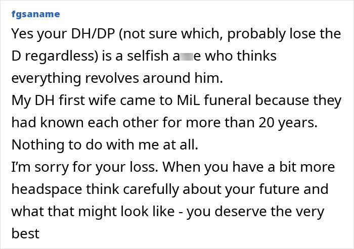 Alt text: Text discussing funeral attendance involving mother, partner, and ex-husband with relationship and loss reflections. Alt text: Text discussing funeral attendance involving mother, partner, and ex-husband with relationship and loss reflections.