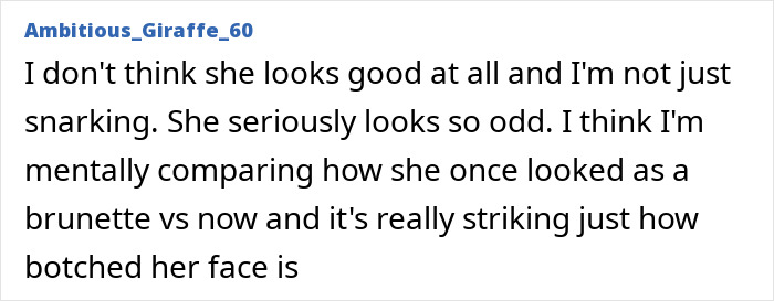 Screenshot of a fan comment criticizing Ariana Grande's dramatic new look, highlighting backlash from fans online.