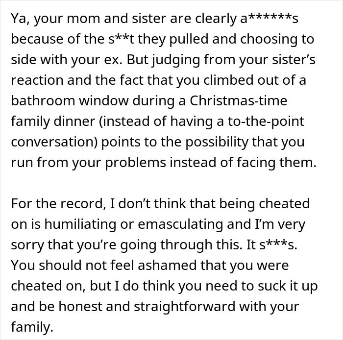 Man climbing out of a bathroom window during family dinner to avoid his mom’s attempt to reconcile him and his ex-fiancé. Man climbing out of a bathroom window during family dinner to avoid his mom’s attempt to reconcile him and his ex-fiancé.