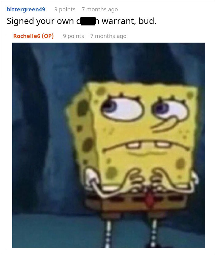 A confused SpongeBob SquarePants meme reacting in a dark cave, illustrating a woman refusing to share her chicken sandwich.