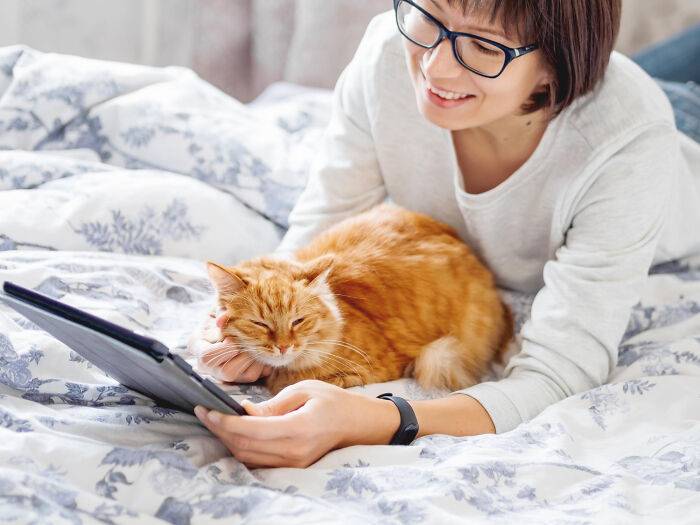 Woman with glasses lying on a bed with a ginger cat, showing the most destructive thing a cat has ever done.