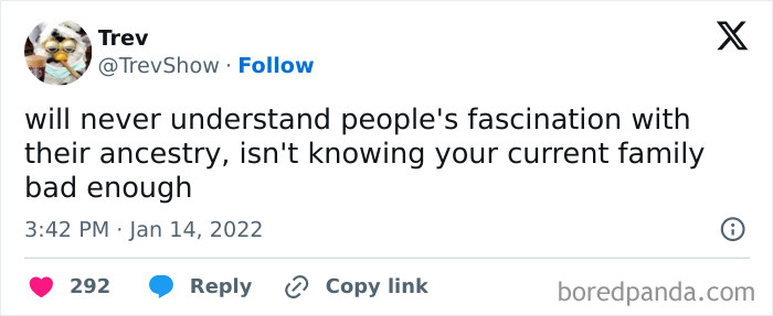 Screenshot of a relatable meme about family and ancestry, shared by the Memes To Discuss In Therapy page.