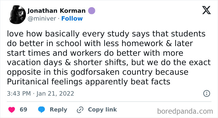 Tweet about studies showing benefits of less homework, later start times, more vacation, and shorter shifts, promoting simple living.