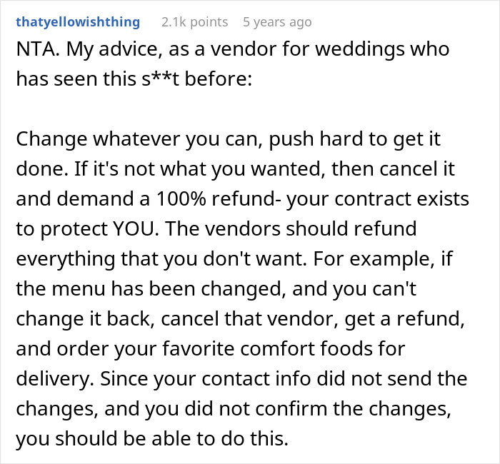 Comment recommending couples affected by wedding sabotage by parents to push for refunds and make needed changes before ceremony.