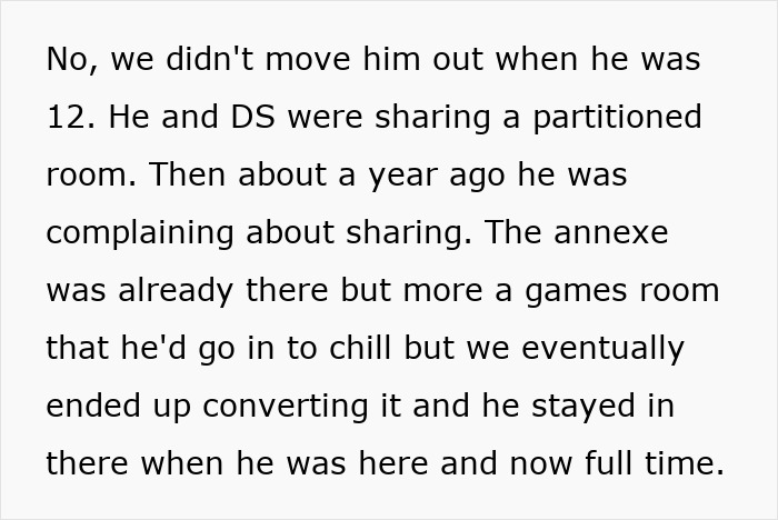 Family relationship details about son staying full time in converted annexe within the house for privacy and comfort.