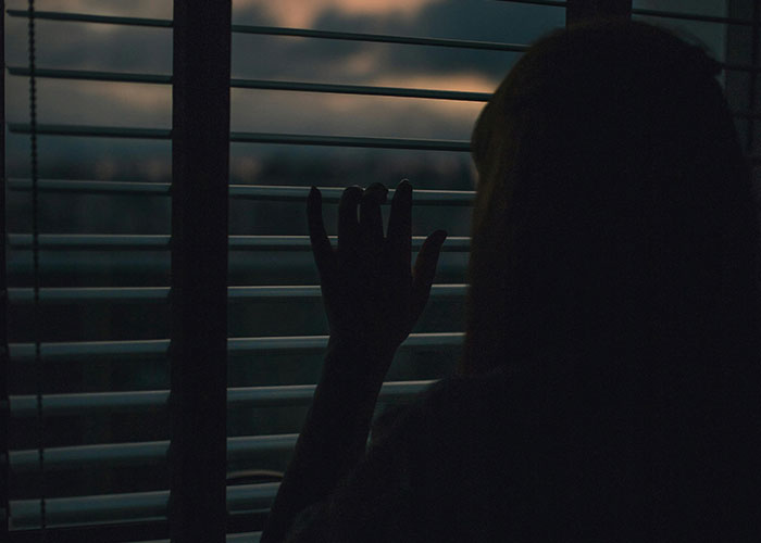 Silhouette of a person looking through window blinds at dusk, illustrating mental health myths and psychological insights.