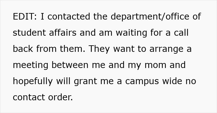 Text excerpt about contacting student affairs to seek a no contact order due to parents lying about food allergies.