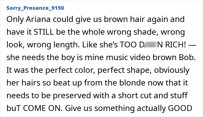 Fan reaction criticizing Ariana Grande’s dramatic new look with brown hair, highlighting backlash and disappointment.