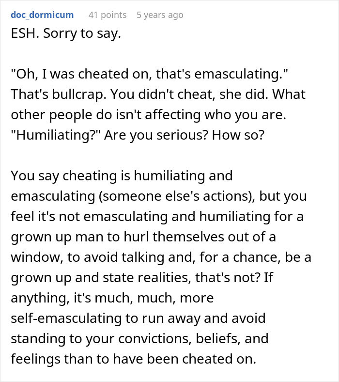 Comment discussing emasculation and humiliation after a guy runs out the window following his mom’s attempt to reconcile him with his ex-fiancé. Comment discussing emasculation and humiliation after a guy runs out the window following his mom’s attempt to reconcile him with his ex-fiancé.