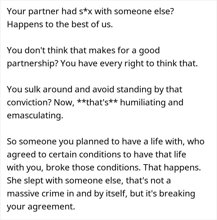 Text about relationship betrayal and partnership boundaries, discussing emotions after partner's infidelity and impact on agreements. Text about relationship betrayal and partnership boundaries, discussing emotions after partner's infidelity and impact on agreements.
